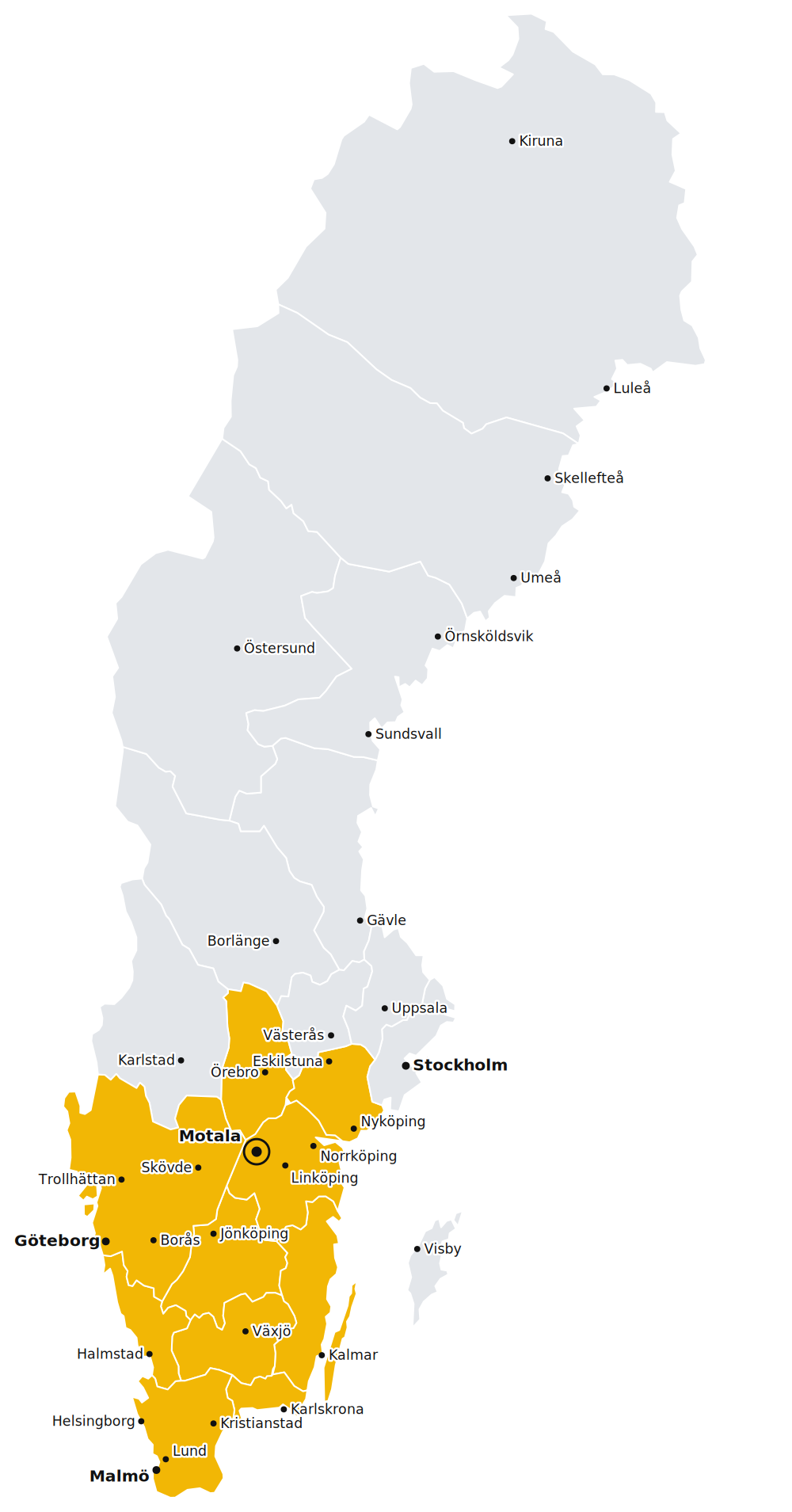 Karta över SafeRacks verksamhetsområde i mellansverige och södra Sverige